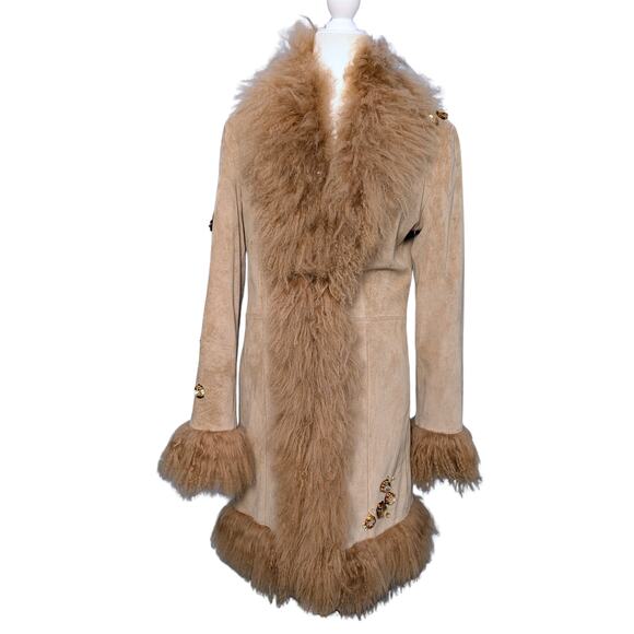 Penny Lane 100% genuine Suede Jacket, Lamb Fur Trim, Sequin Embroidery - S - Picture 2 of 12
